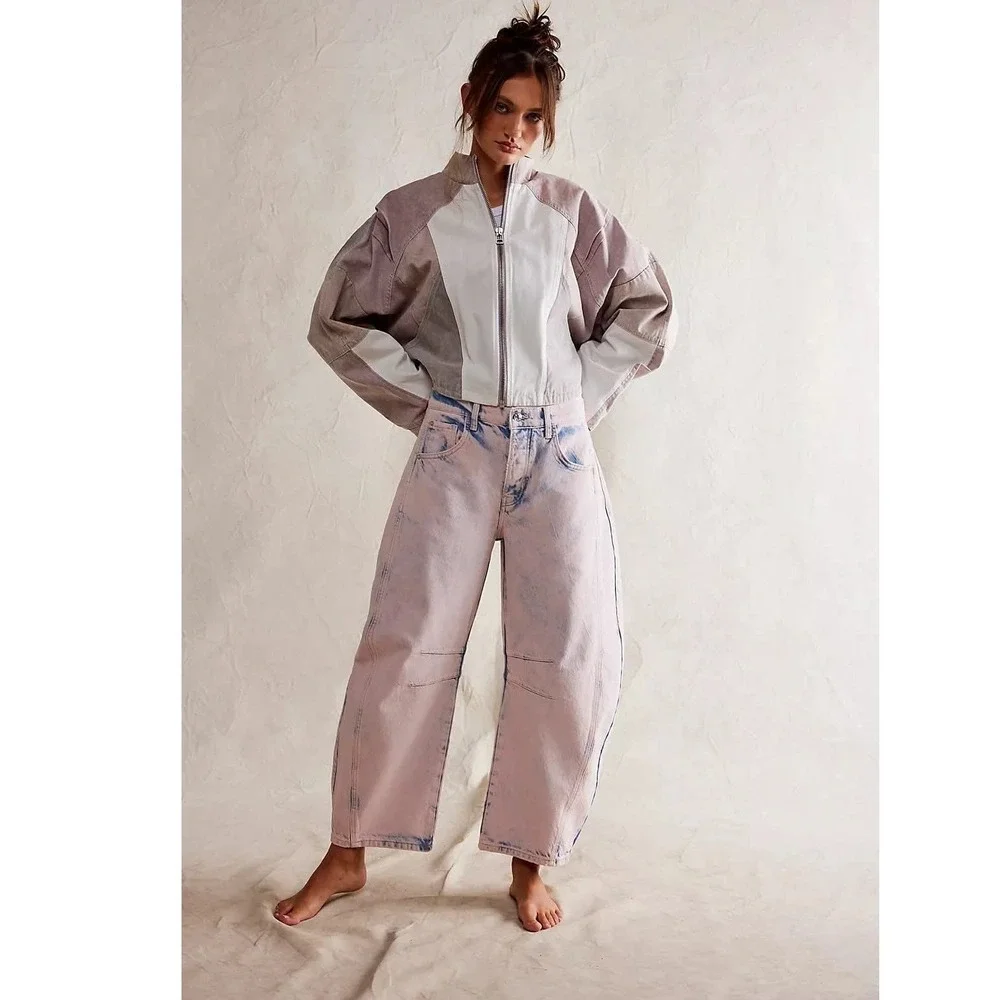 We The Free Lucky You Mid Rise Barrel Jeans Pink Blue Acid Wash Women's 29 Short - Picture 4 of 11